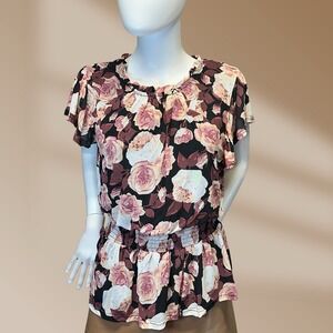 So It Is Women's Elastic Waist Black Pink Floral Flutter Sleeve Blouse Sz XL NWT